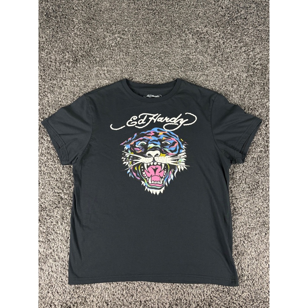 Ed Hardy Womens Black Tiger Graphic T-Shirt Cotton Blend Crewneck Throwback Med